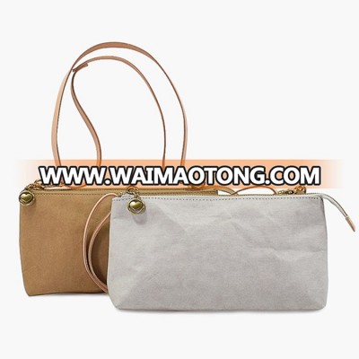 Lady recycled zipper kraft paper handbag with leather handle
