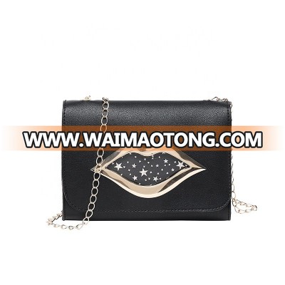 Fashion lip shape metal chain handbag pu leather women phone pouch mini shoulder bag