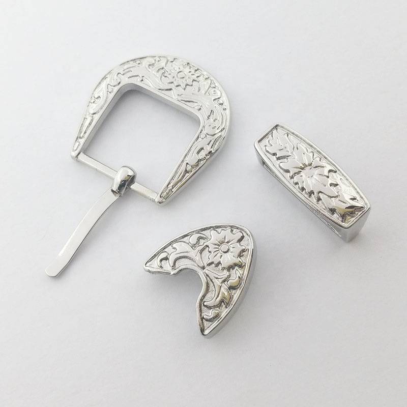 Wholesale Silver Color Flower Metal Custom Logo Pin 3 Piece Belt Buckle Set